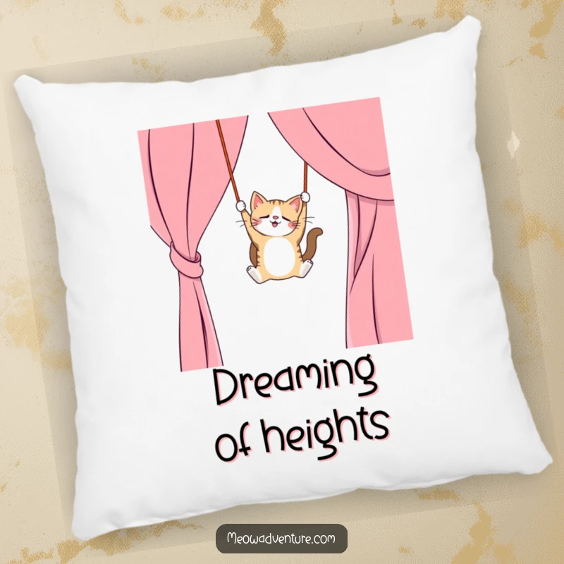 Funny pillow showing a mischievous cat swinging from a curtain like a trapeze artist, soft and comfortable, great funny gift.