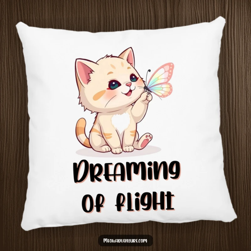 Funny pillow with a playful cat batting at a magical butterfly, a cozy and whimsical decor item.