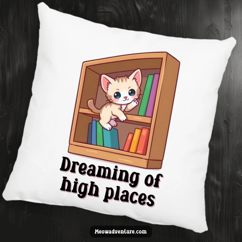 Funny curious kitten pillow featuring a small cat scaling an oversized bookshelf. Soft and huggable comfort for book lovers.