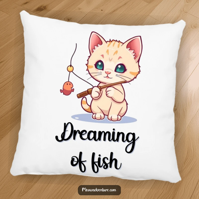 Funny cat pillow: a curious kitten with a fishing rod, trying to catch a dangling toy mouse, looking cute and focused.