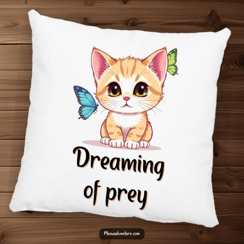 Funny Pillow featuring a kitten with wide, intent eyes, watching a butterfly, embodying focused stillness.