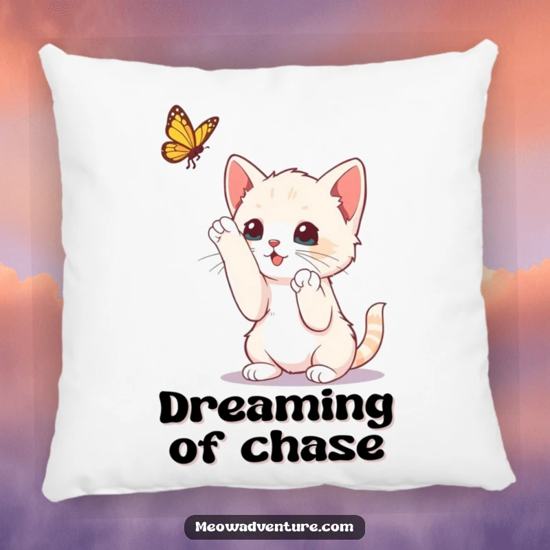 Funny curious kitten batting at a butterfly, featured on a soft pillow, perfect for adding playful charm to any room.