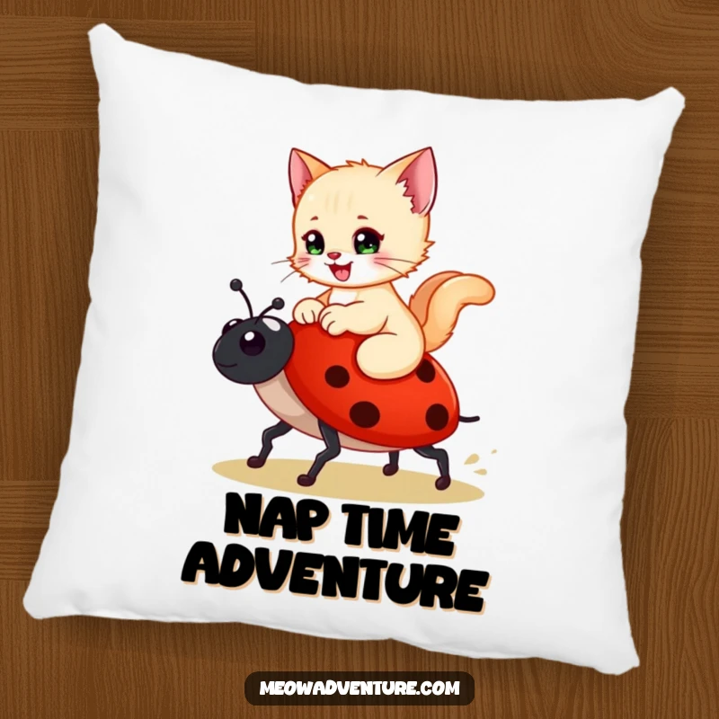 Funny pillow with a happy kitten riding a ladybug like a steed, offering comfort and a touch of whimsical magic.