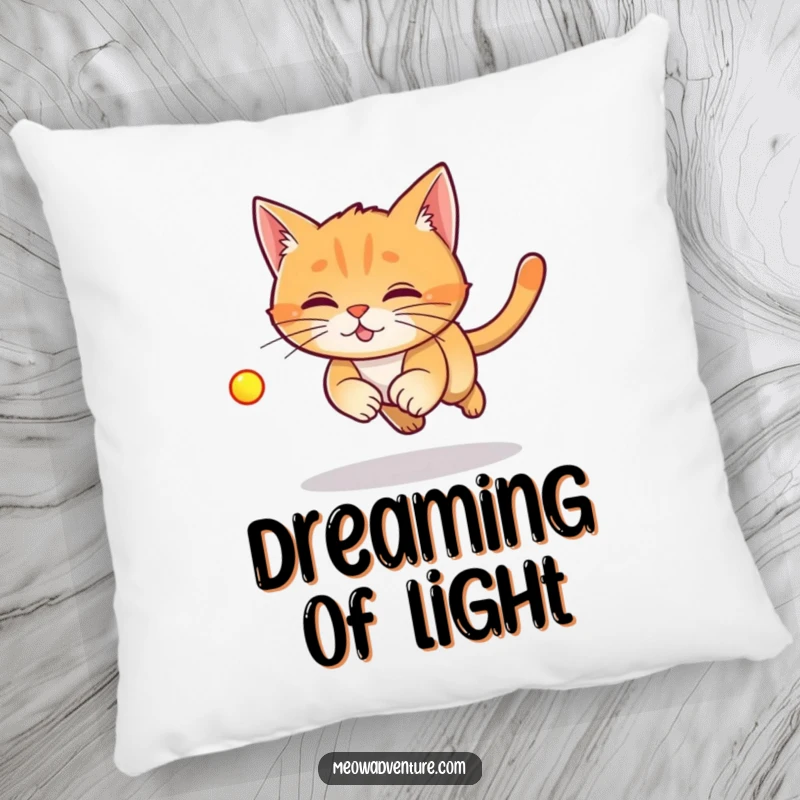 Funny Laser Cat Pillow featuring a ginger cat in pursuit of a red laser dot, adding playful comfort and humor.