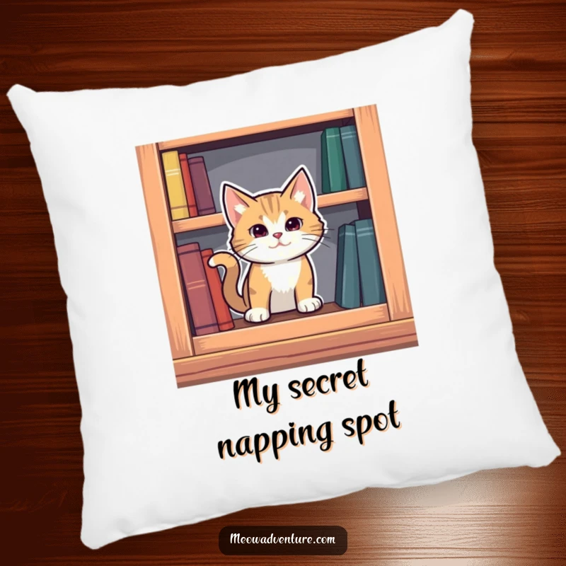 Funny mysterious cat emerging from a secret compartment in a bookshelf, on a soft and decorative pillow.