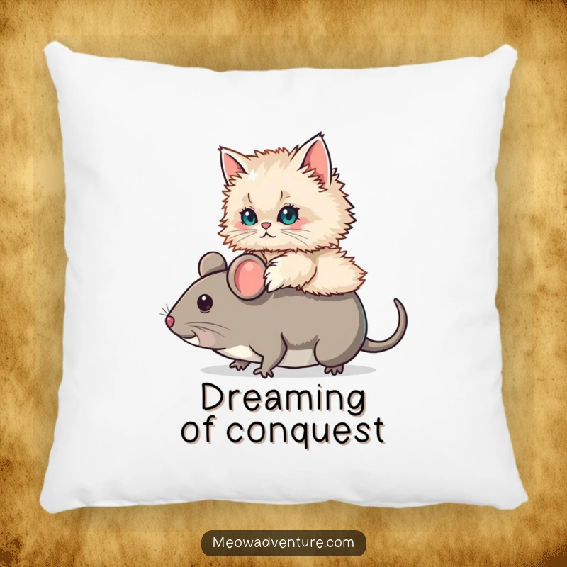 Funny Persian Cat Mouse Ride Pillow with a fluffy Persian cat riding a large toy mouse. A soft, humorous, and adorable cushion.