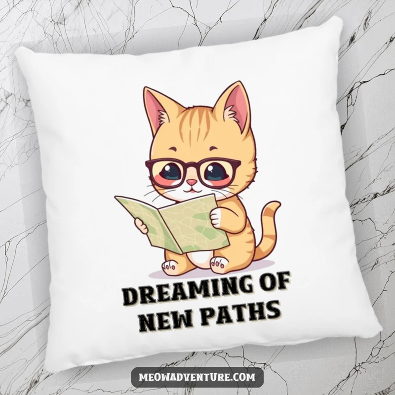Funny pillow with a cat wearing glasses and reading a map, perfect for adding a humorous and intellectual touch to seating.