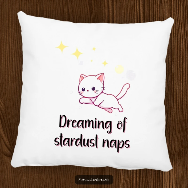 Funny decorative pillow with a cute cat playfully leaping through a vibrant starry sky, chasing a shimmering moonbeam.