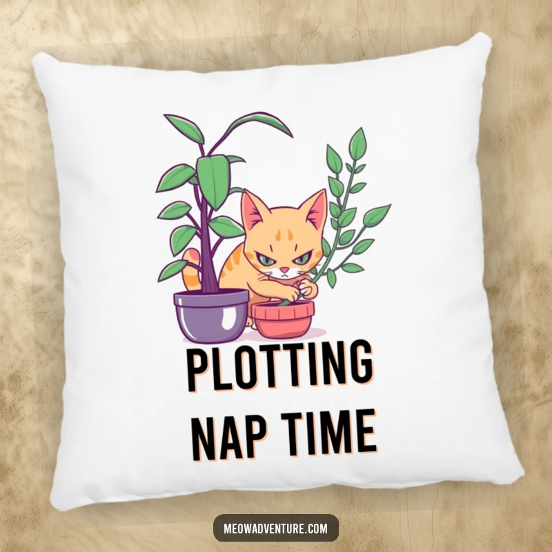 Funny pillow featuring a stealthy cat with eyes locked on target, hiding behind a leafy houseplant, creating a humorous scene.