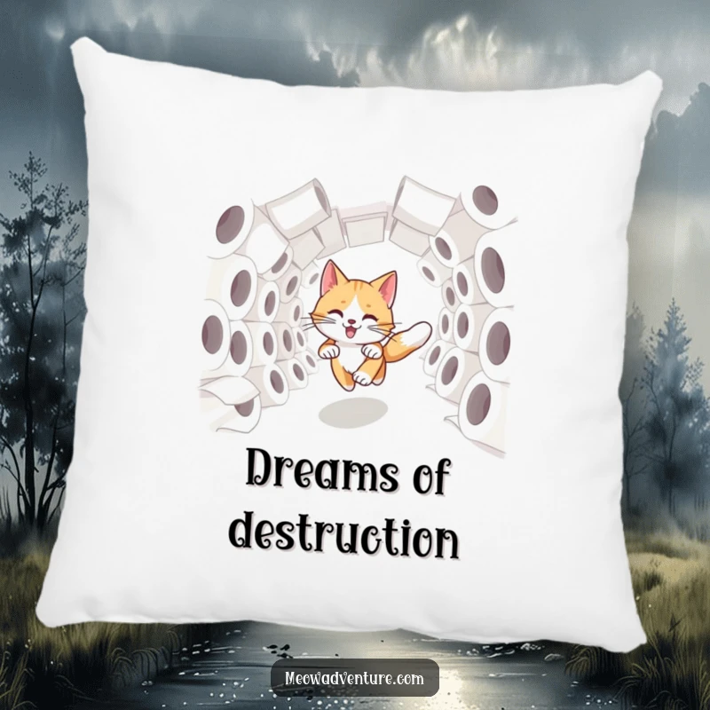 Funny swift cat dashing through a tunnel of toilet paper rolls, on a soft and decorative pillow.