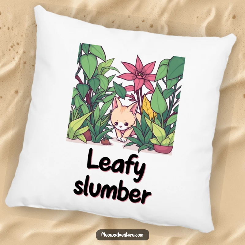 Funny pillow with a stealthy cat creeping through a jungle of oversized houseplants, a cozy botanical accent.
