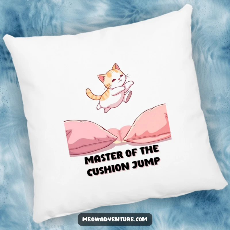 Funny Cat Pillow: A plush pillow showcasing a funny illustration of a cat mid-leap between two cushions.