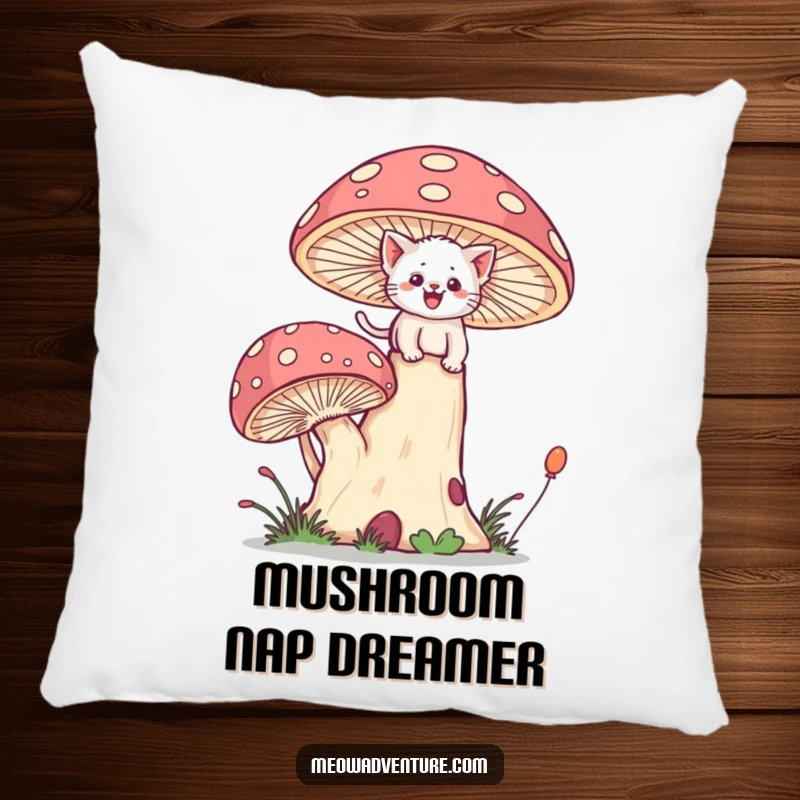 Funny decorative pillow with a brave kitten joyfully scaling a giant, whimsical mushroom with happy effort.