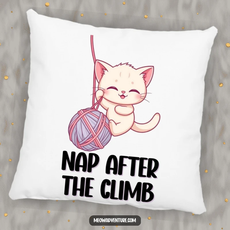 Funny pillow depicting a brave kitten rappelling down a giant ball of yarn, offering comfort and a humorous, adventurous embrace.