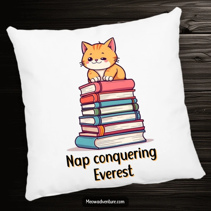 Funny pillow with a focused cat ascending a pile of books, offering a humorous and comfortable decorative accent for book lovers.