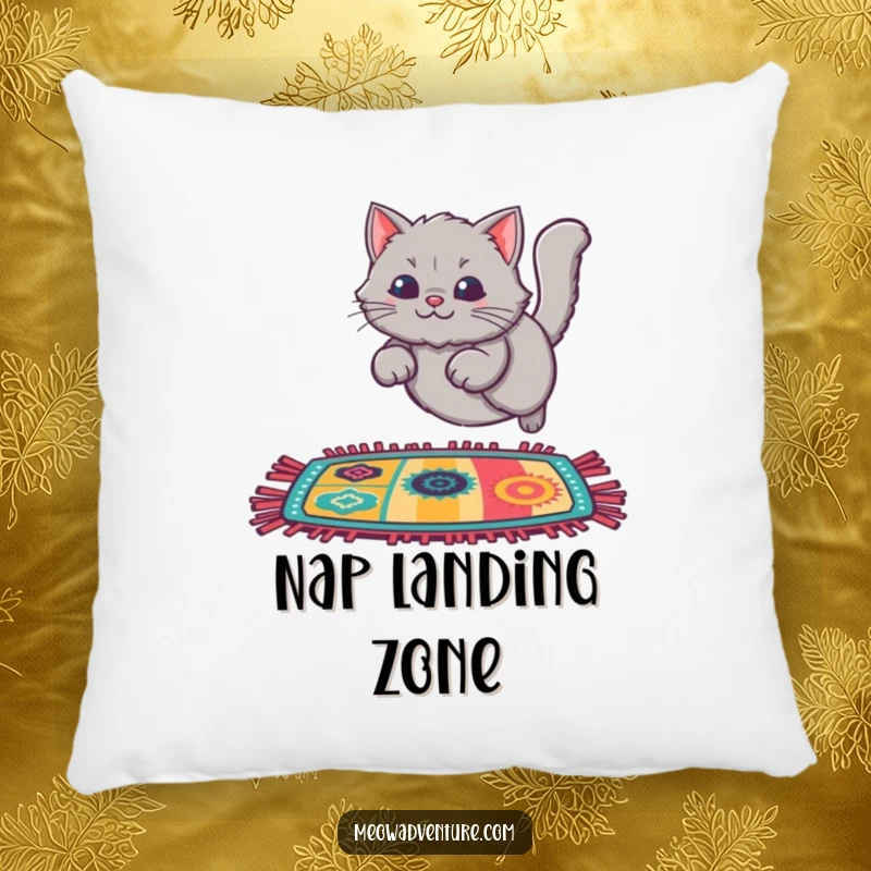 Funny Cat Rug Leap Pillow featuring a fluffy grey cat leaping onto a colorful rug, adding playful comfort and vibrant style.