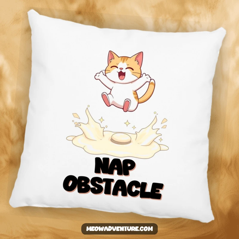 Funny pillow with a determined cat leaping over a sparkling river of spilled milk, a symbol of resilience.