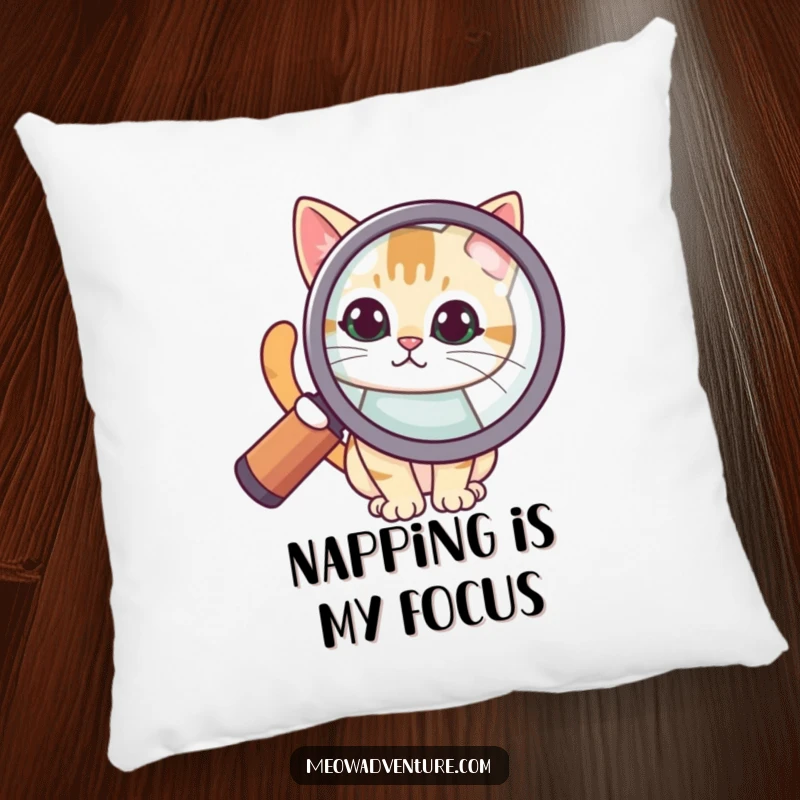 Funny pillow depicting a cat intently examining something through a giant magnifying glass, perfect for adding cozy mystery to any room.