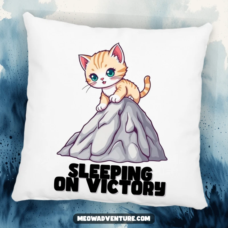 Funny pillow featuring a determined kitten climbing a mountain, bringing comfort and inspiration with its humorous design.