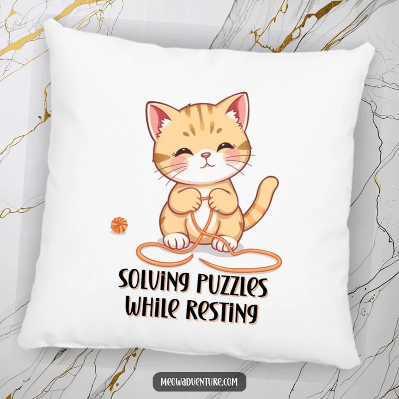 Funny cat pillow, comfortable feline solving a yarn maze, soft home decor with a humorous twist, ideal funny gift.