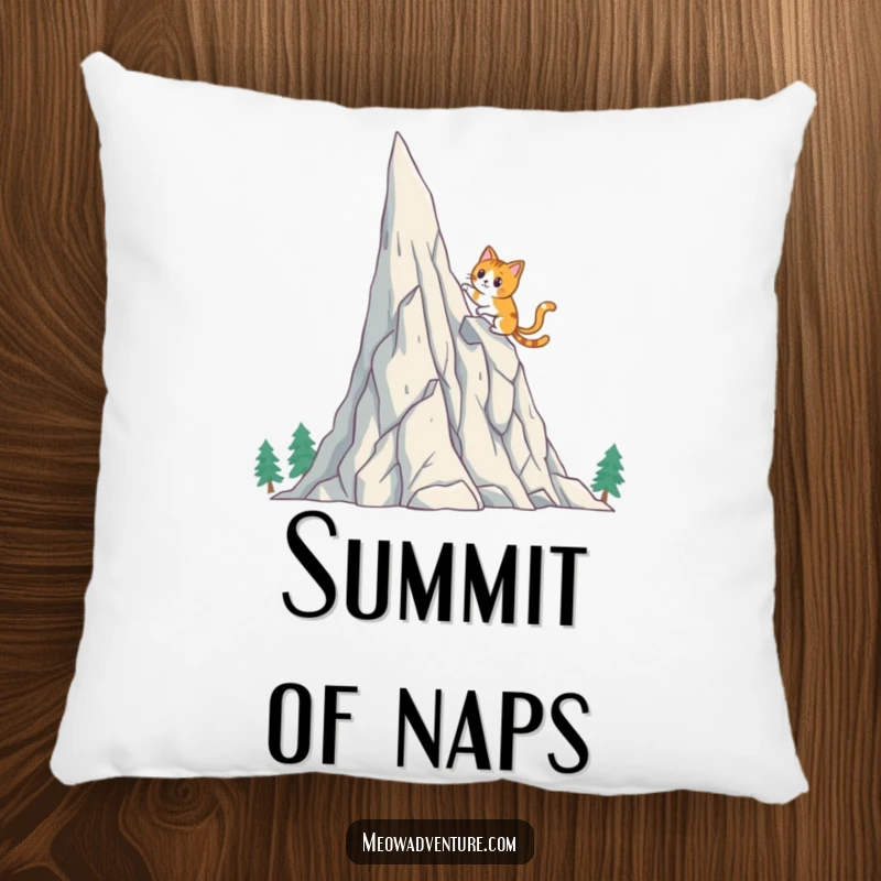 Funny Cat Pillow: A brave cat scales a crystal mountain, offering plush comfort and an inspiring, humorous design for any room.