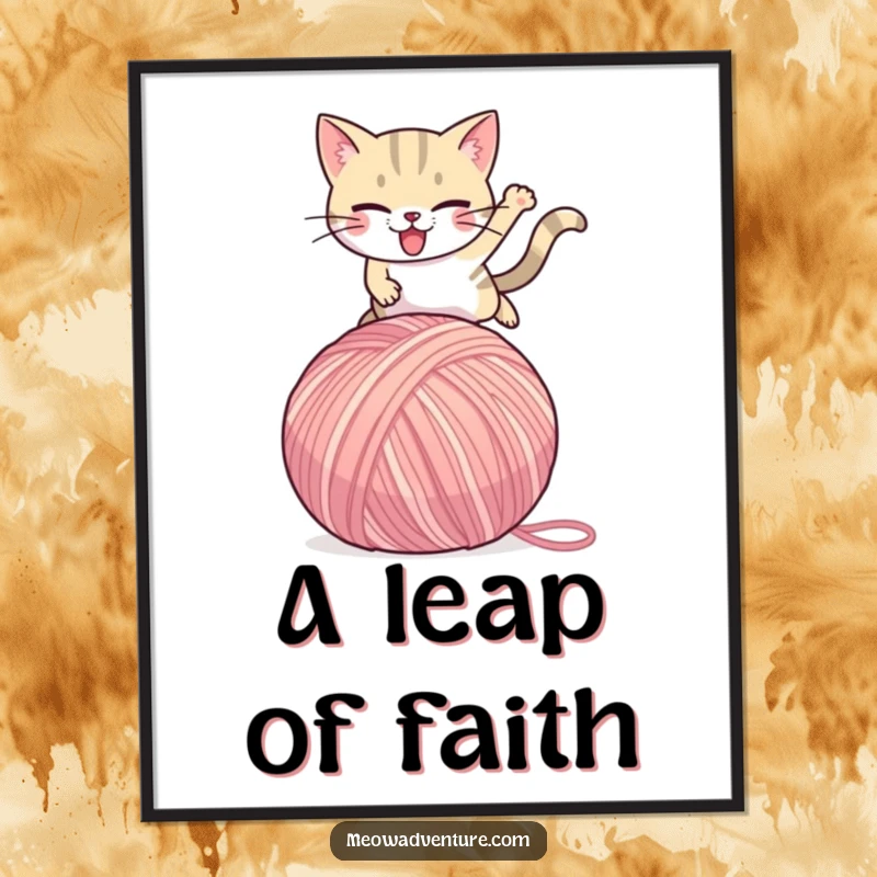 Funny Cat Digital Art Print: A determined cat character leaps over a giant yarn ball, offering instant humorous wall art.
