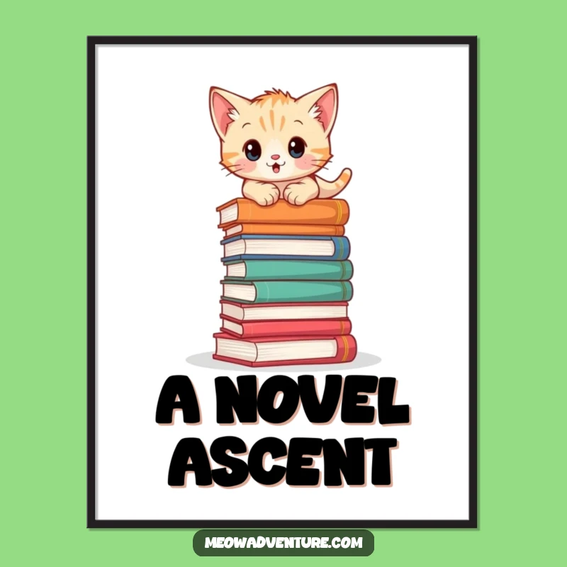 Adventurous Kitten Book Climb Digital Art Print: Instant Literary Decor