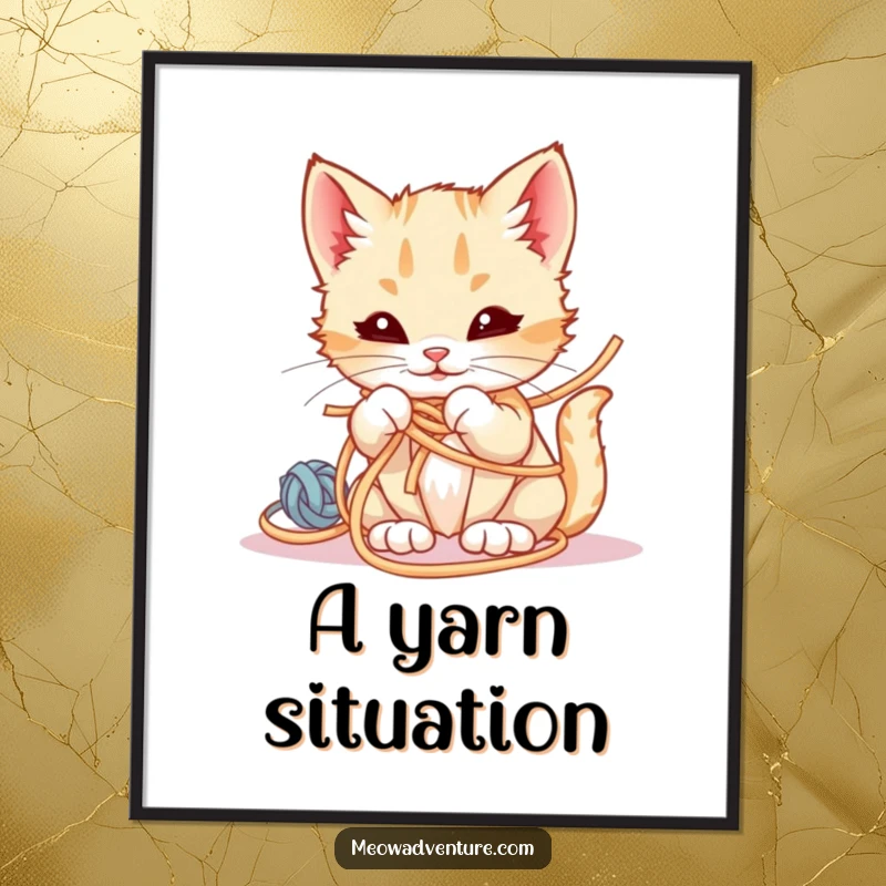 Funny Digital Art Print of a smirking kitten hilariously entangled in a ball of yarn, embodying playful mischief.