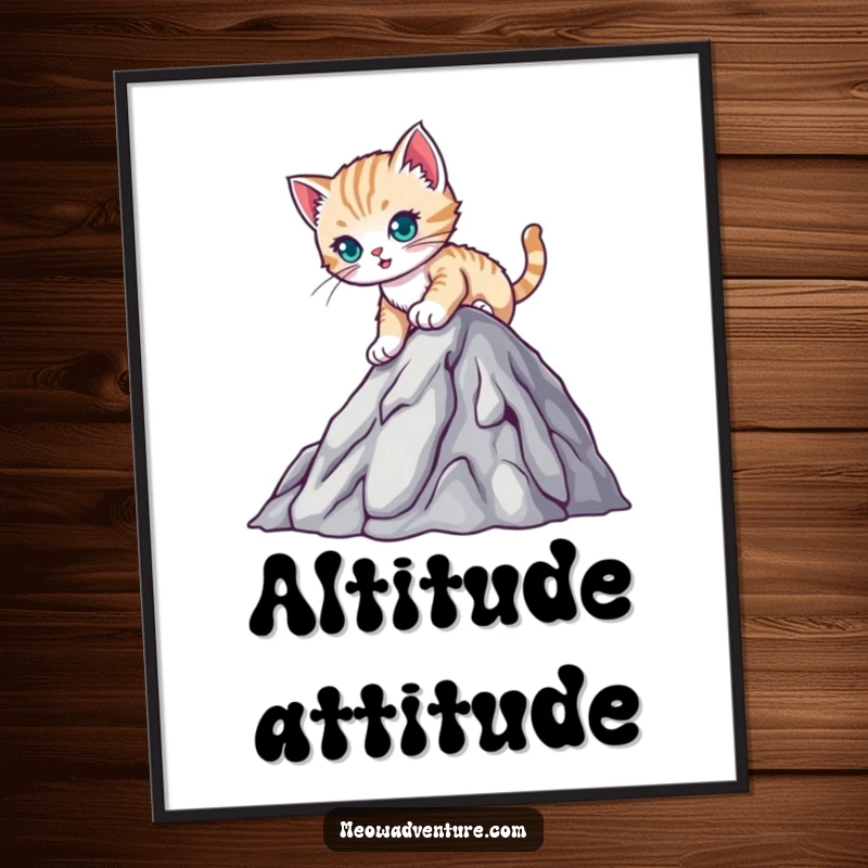 Funny digital art print of a determined kitten climbing a small mountain, symbolizing achievement and cute perseverance.