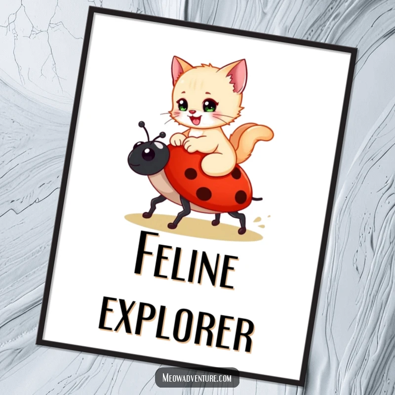 Funny digital art print of a happy kitten riding a ladybug like a steed, ready for instant download and display.