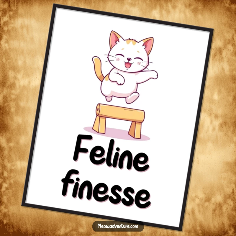 Funny playful cat leaping gracefully over an imaginary obstacle, a digital art print perfect for a funny gift.