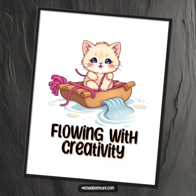 Funny fluffy kitten on a yarn raft sailing through yarn, ready to be printed as art.