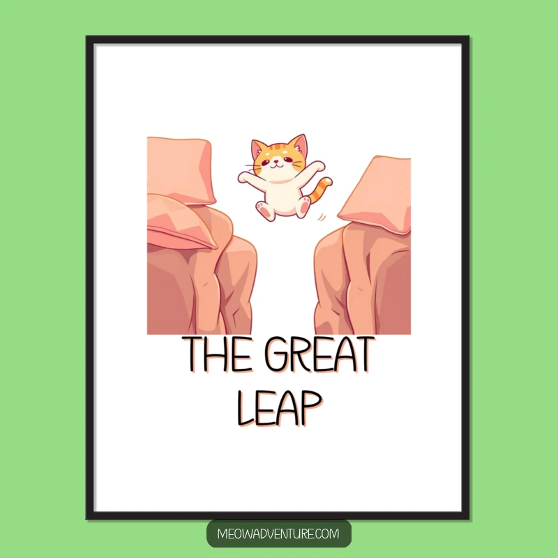 Funny Adventurous Cat Cushion Leap Digital Print: Instant Action for Your Walls
