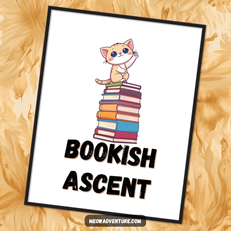 Funny digital art print of a cat bravely climbing a huge stack of books, representing ambition and a love for learning.