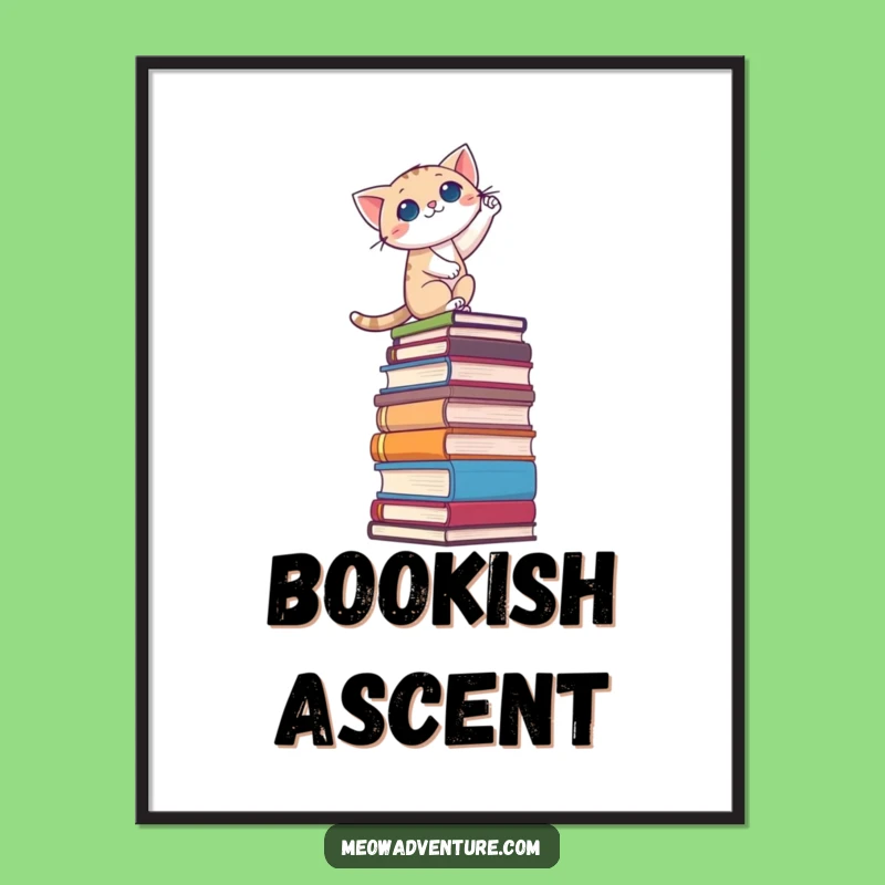 Funny Brave Cat Book Stack Digital Print: Instant Inspiration for Your Walls