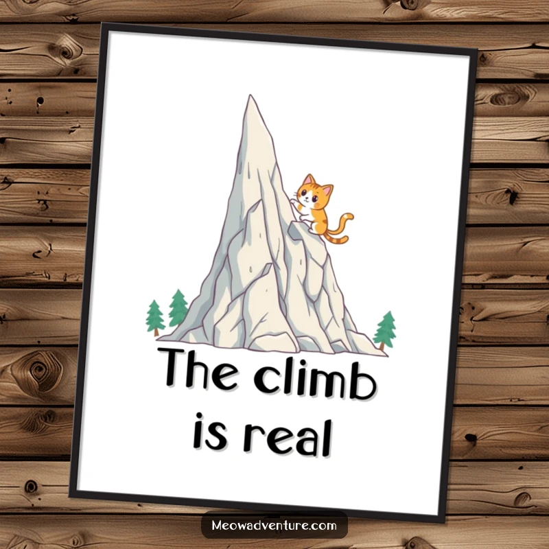 Funny Cat Digital Art Print: A brave cat scales a crystal mountain, creating visually engaging and humorous wall decor.