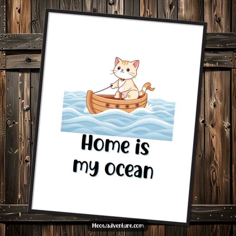 Funny digital art of a brave cat navigating a toy boat across a carpeted floor, rendered as a vast ocean, perfect for humor.