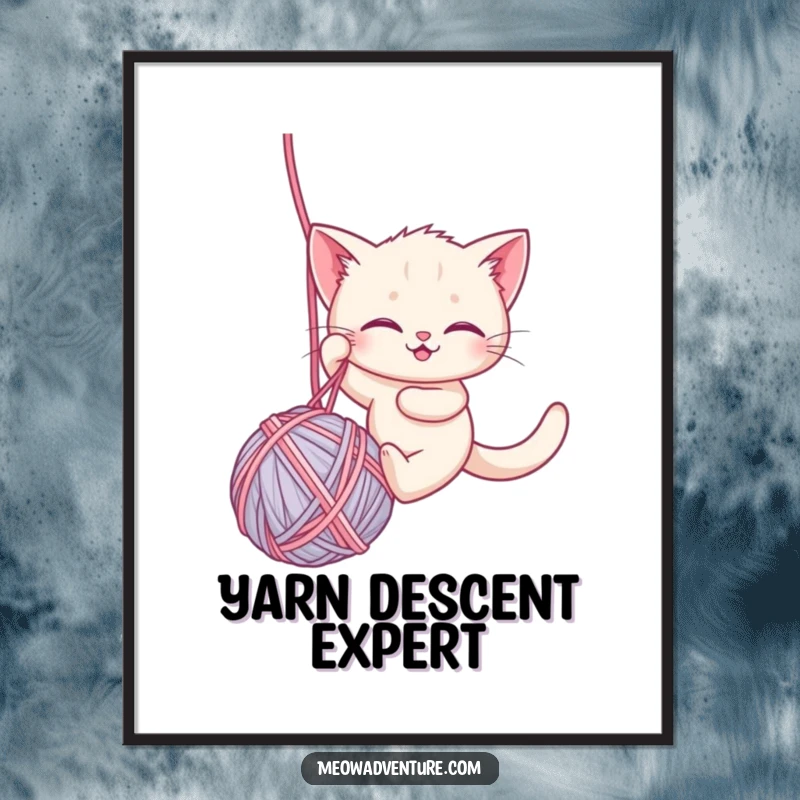 Funny digital art print of a brave kitten rappelling down a ball of yarn, offering instant humorous and adventurous wall decor.