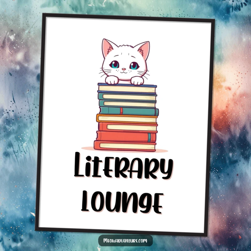 Funny Cat Books Digital Art Print of a curious white cat peeking over books, perfect for instant literary and feline-themed decor.