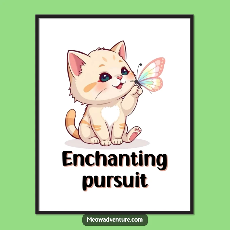 Funny Cat Digital Art - Magical Butterfly Chase - Whimsical Printable Art