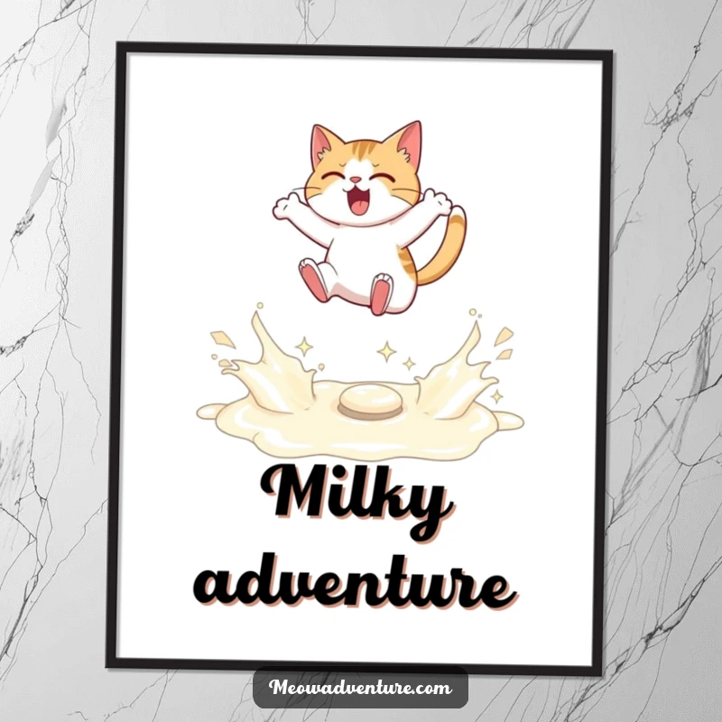 Funny digital art print of a determined cat leaping over spilled milk, motivational art.