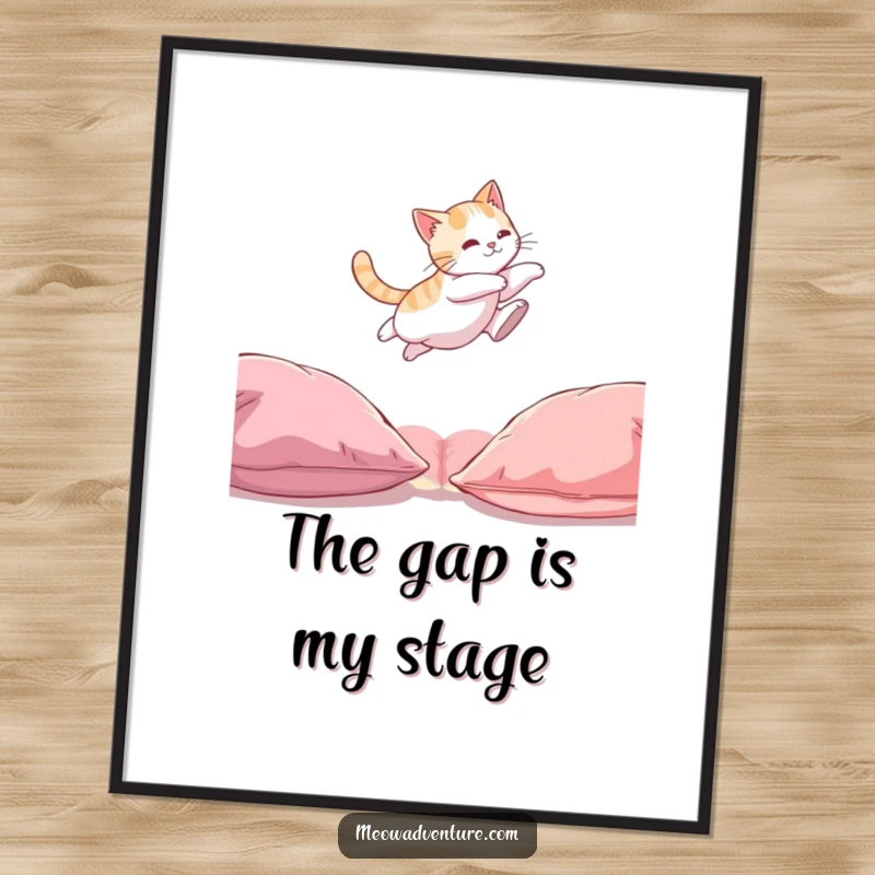 Funny Cat Digital Art Print: A high-quality, humorous illustration of a cat executing a spectacular leap between two soft objects.