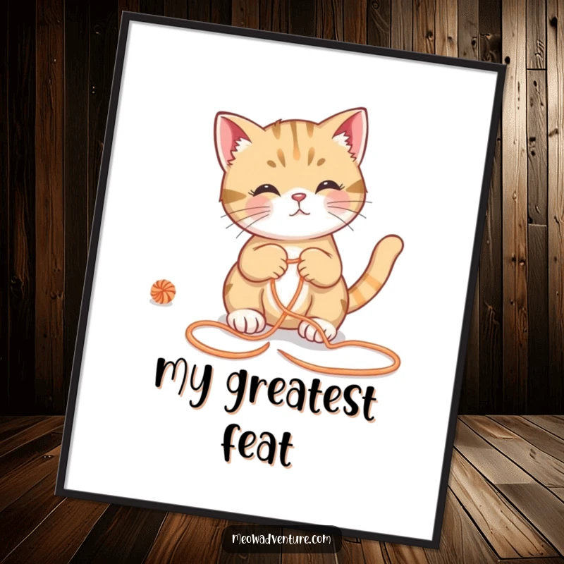 Funny cat digital art print, clever feline solving a yarn maze, vibrant and humorous artwork, perfect funny gift for instant decor.