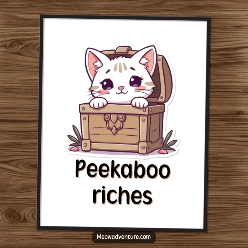 Funny Cat Digital Art Print: A curious cat peeks from a treasure chest, creating visually engaging and humorous wall decor.