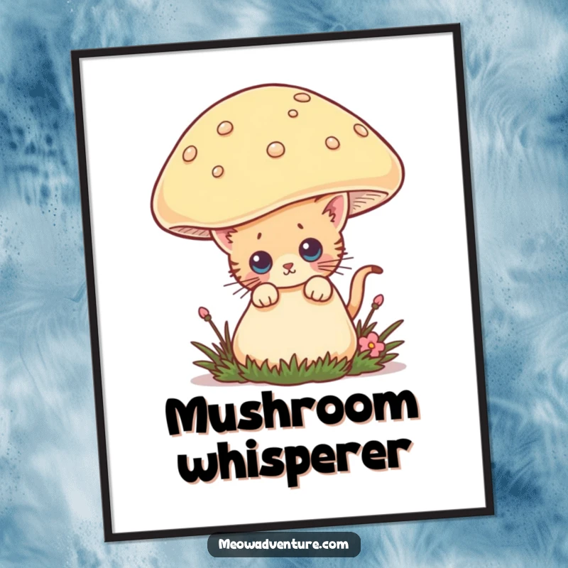 Funny digital art print of a curious kitten peeking from behind a giant mushroom, offering instant whimsical and humorous wall decor.
