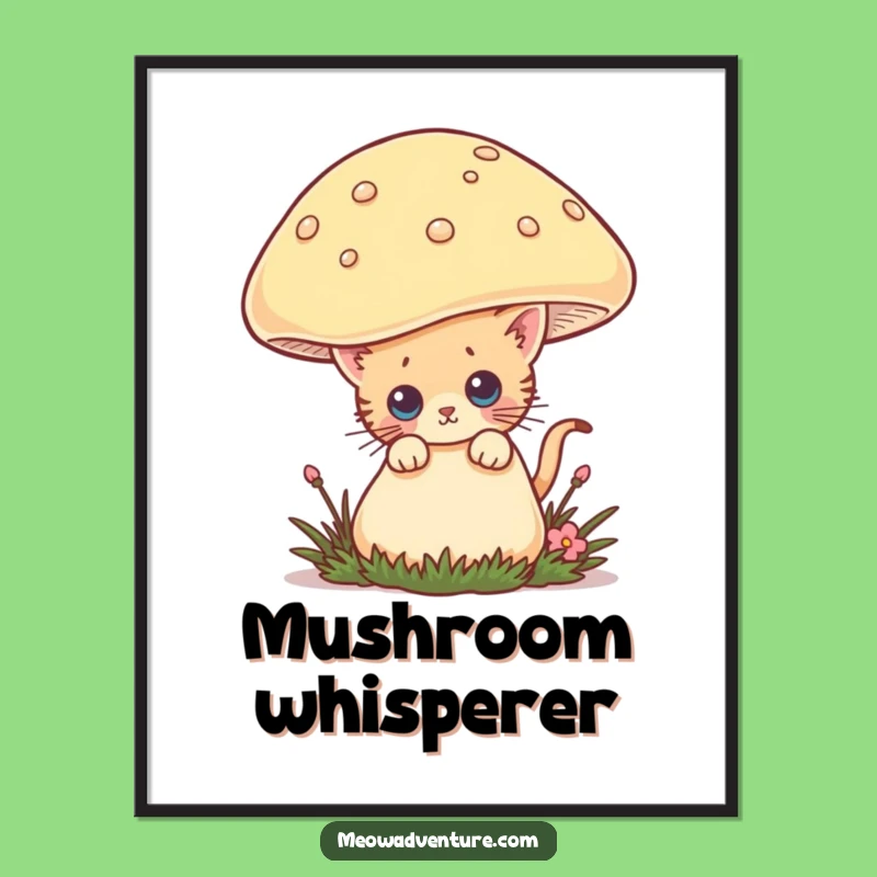 Funny Curious Kitten Digital Art: Mushroom Peek, Hilarious Cat Wall Decor Download