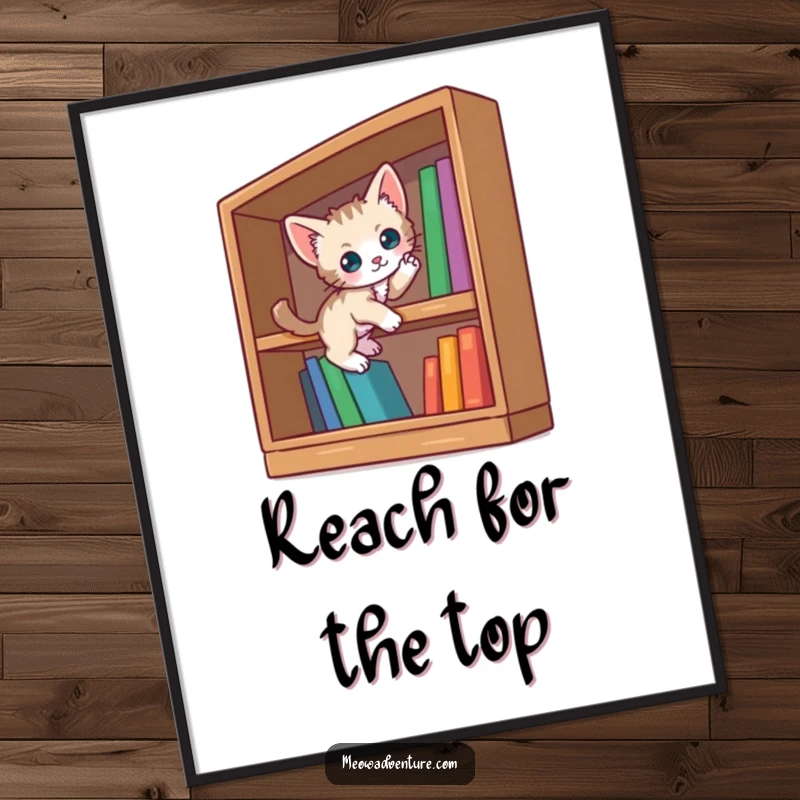 Funny curious kitten digital art print of a small cat scaling an oversized bookshelf. High-resolution and ready to print.