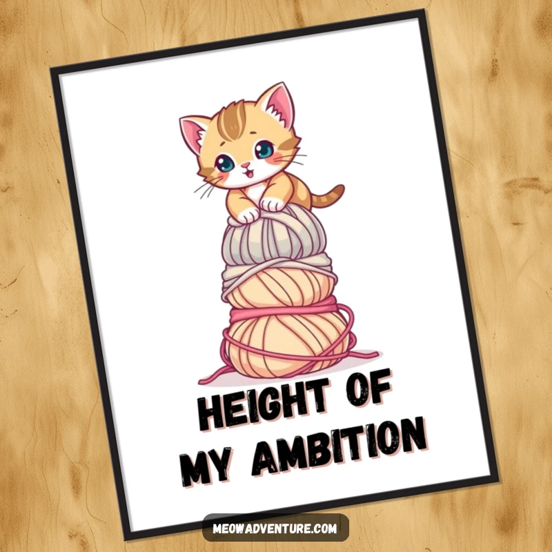 Funny Determined Kitten Yarn Digital Art Print showing a small kitten scaling a giant mountain of yarn. A downloadable, humorous artwork.