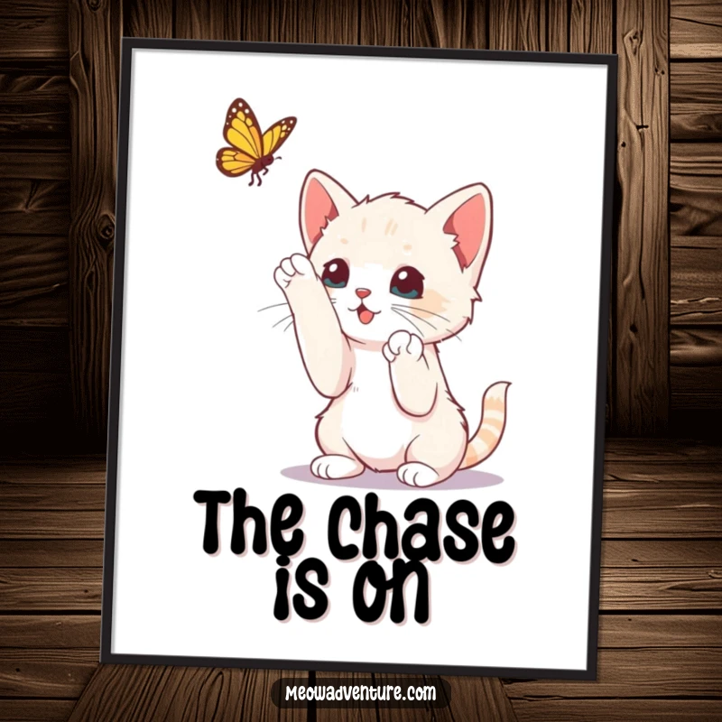 Funny curious kitten with paws up, playfully reaching for a butterfly, high-resolution digital art print, for instant playful decor.