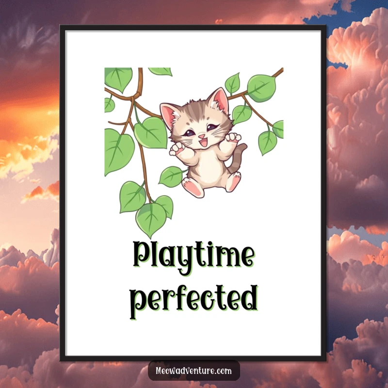 Funny digital art print of a kitten's hilarious pounce on a vine, perfect for adding playful charm and humor to any wall.
